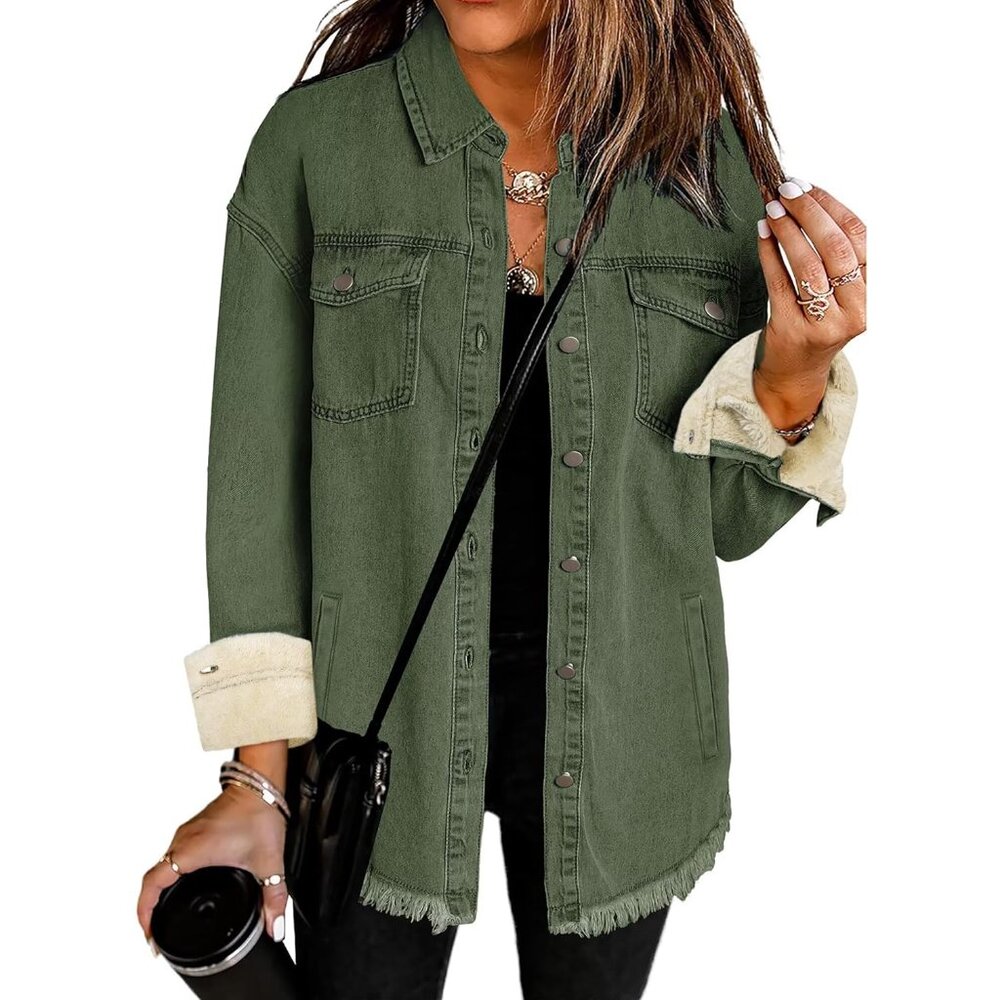 Oversized Denim Jacket Women Fleece Lined Winter Long Sleeves Casual